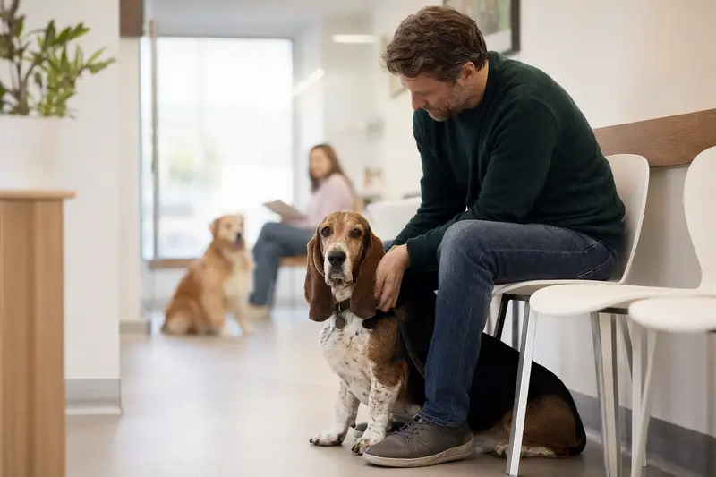 Ein Basset Hound sitzt ruhig neben seinem Besitzer im hellen Wartezimmer einer modernen Tierarztpraxis.